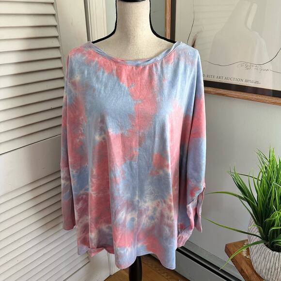 EASEL Womens Tunic Large Blue Pink Tie Die Dolman Sleeve Oversized Boho Chic - Picture 3 of 13